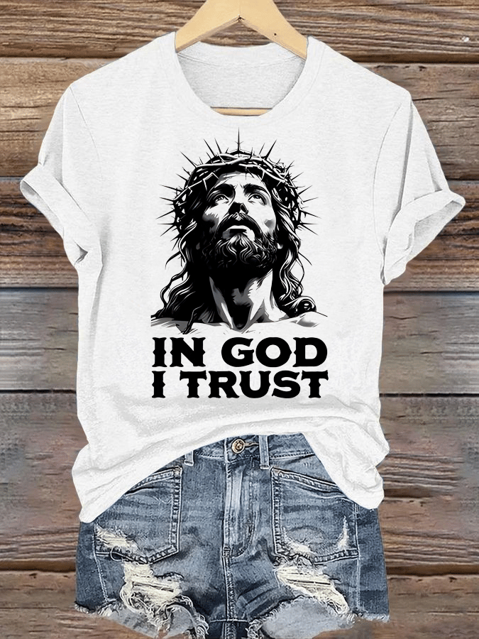Women's In God I Trust Christian T-Shirt, Retro Jesus Portrait Graphic Tee, Faith Based Religious Shirt