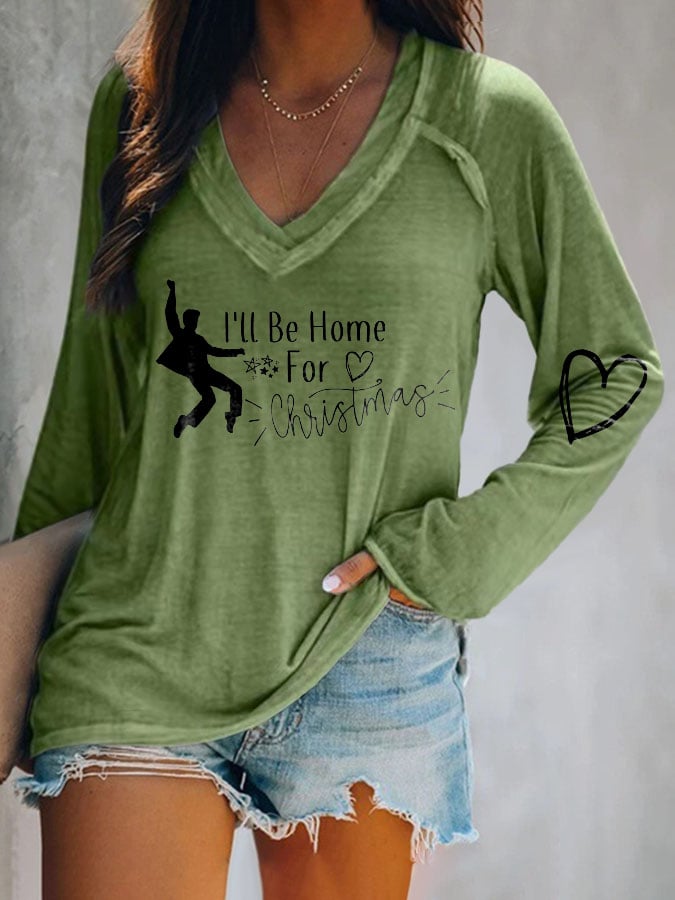 King Of Rock Roll I'll Be Home For Christmas V-neck Print T-Shirt