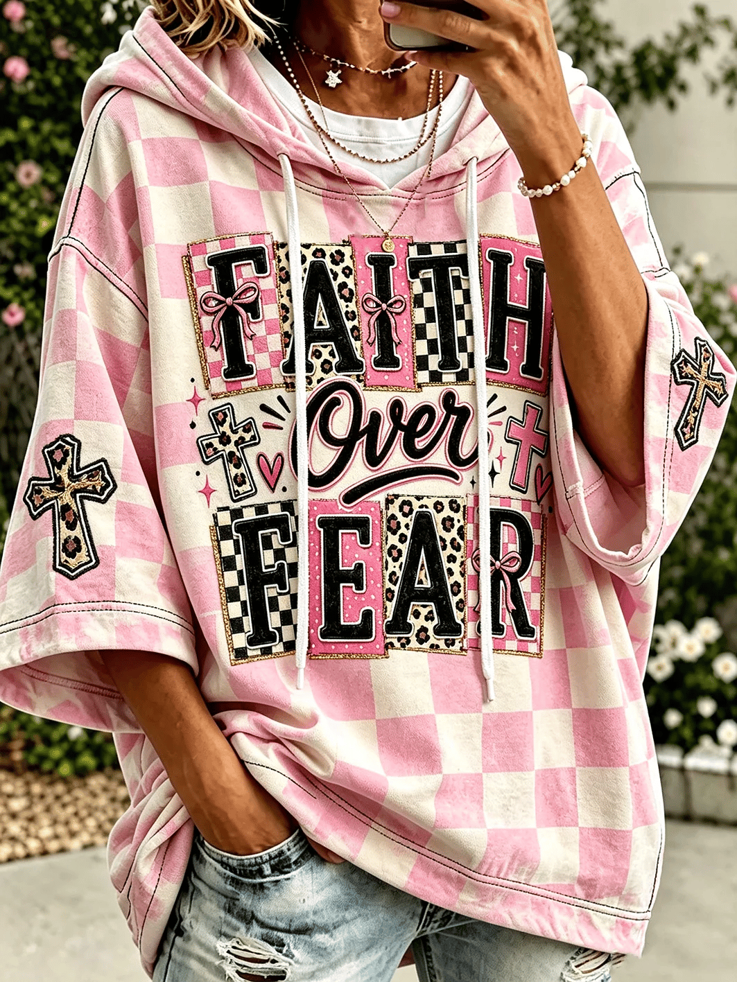 Women's faith theme slogan color-blocked design casual hoodie