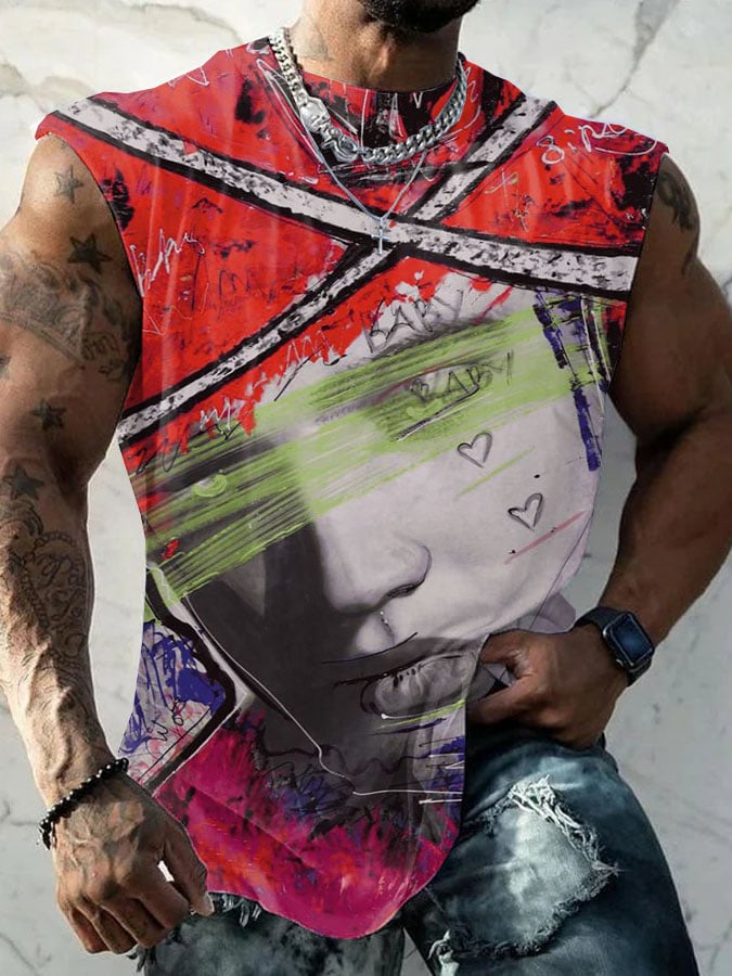 Men'S Retro King Of Rock Roll Print Sleeveless Tank Top