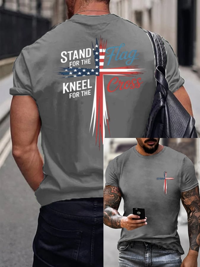 Men's Stand For Flag Kneel For The Cross Print T-Shirt