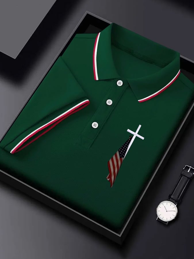 Men's Flag Cross Print Polo Shirt