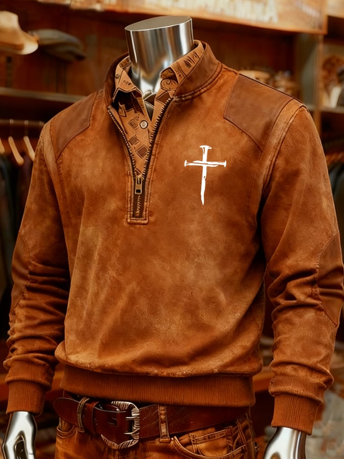 Men'S Western Distressed Hot Print 1/4 Zipper Stand Collar Long Sleeve Sweatshirt