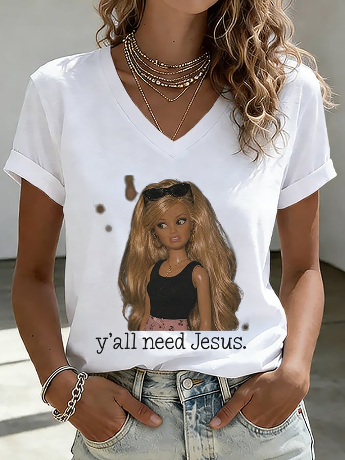 V-Neck Retro Y'all Need Jesus Print T-Shirt