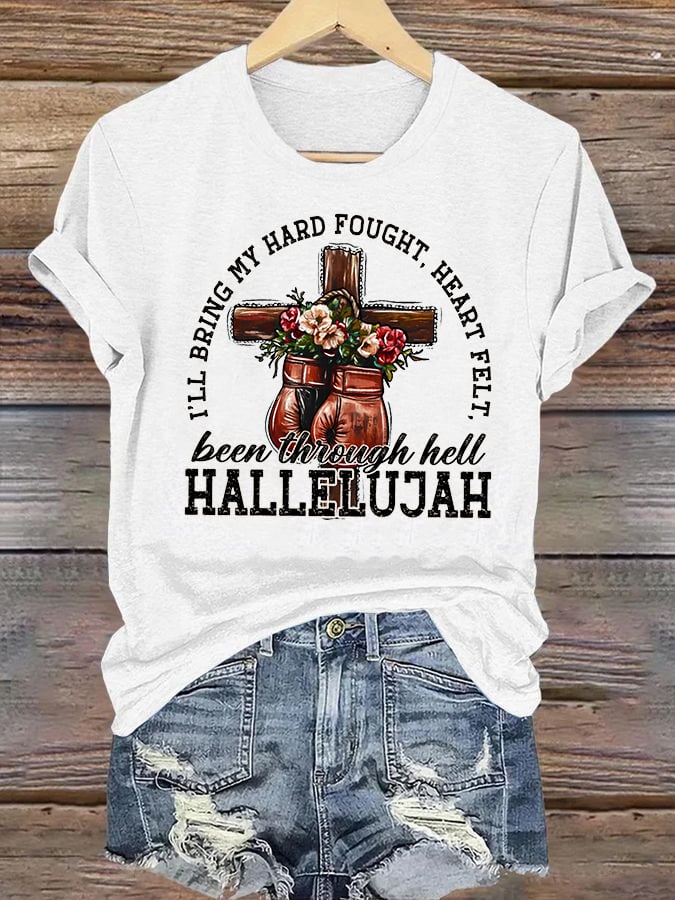 Women's I'll Bring My Hard Fought Hallelujah Christian Cross Boxing Gloves T-Shirt