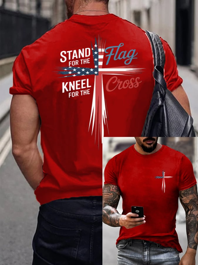 Men's Stand For Flag Kneel For The Cross Print T-Shirt