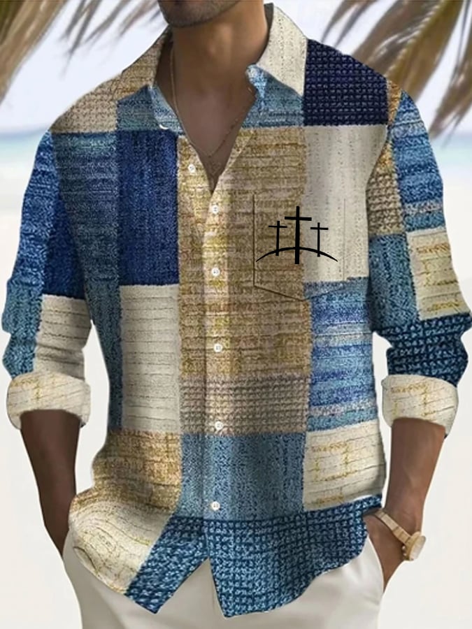 Men's Cross Printed Patchwork Pocket Design Casual Shirt