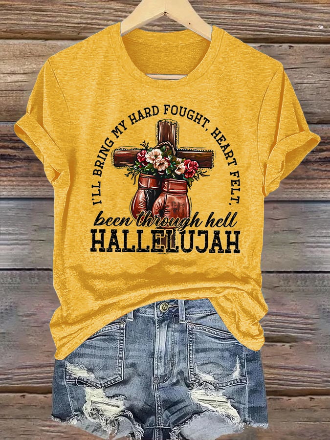 Women's I'll Bring My Hard Fought Hallelujah Christian Cross Boxing Gloves T-Shirt
