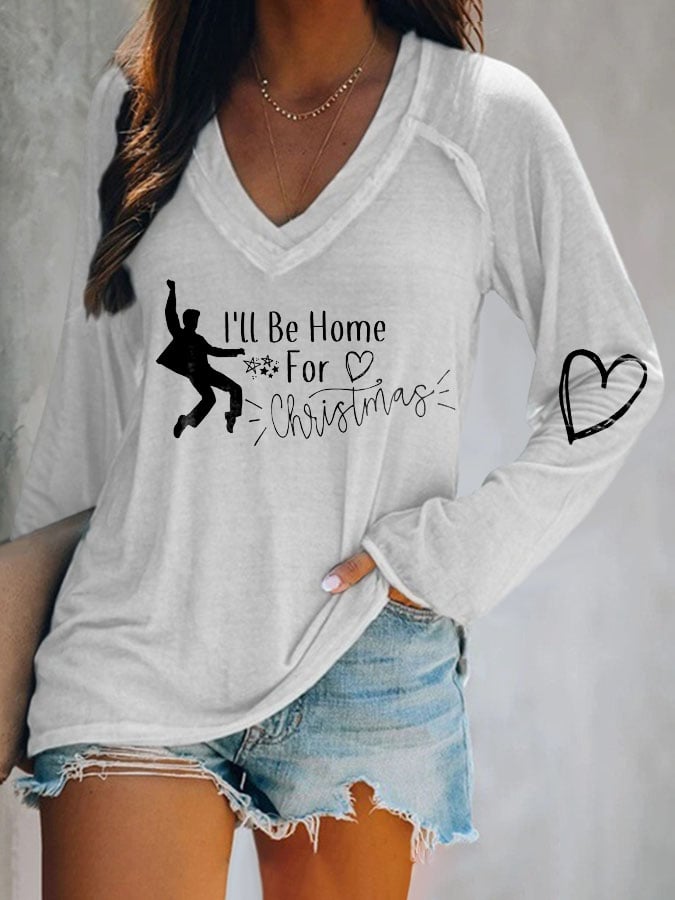 King Of Rock Roll I'll Be Home For Christmas V-neck Print T-Shirt