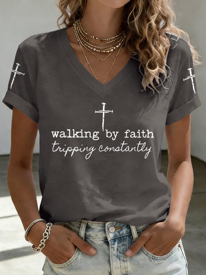Women's Walk By Faith Not By Sight Print Casual T-shirt
