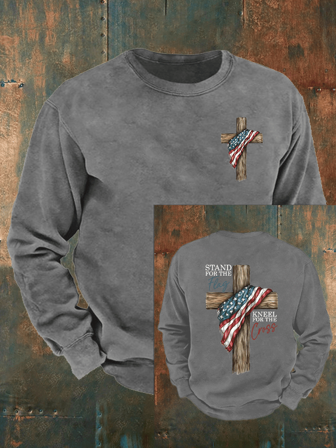 Men's Stand For The Flag Kneel For The Cross Printed Casual Sweatshirt