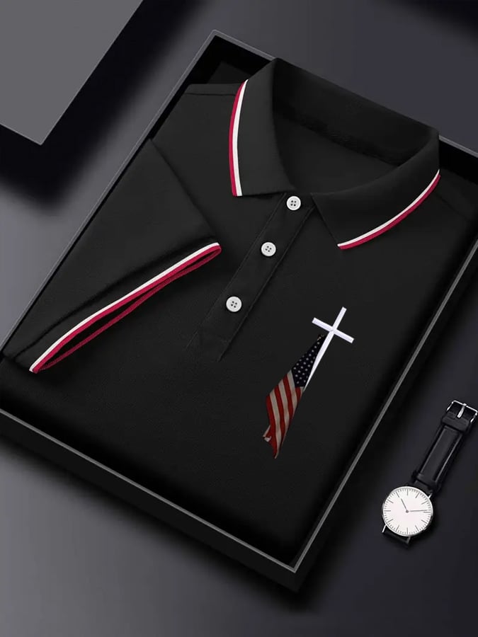 Men's Flag Cross Print Polo Shirt