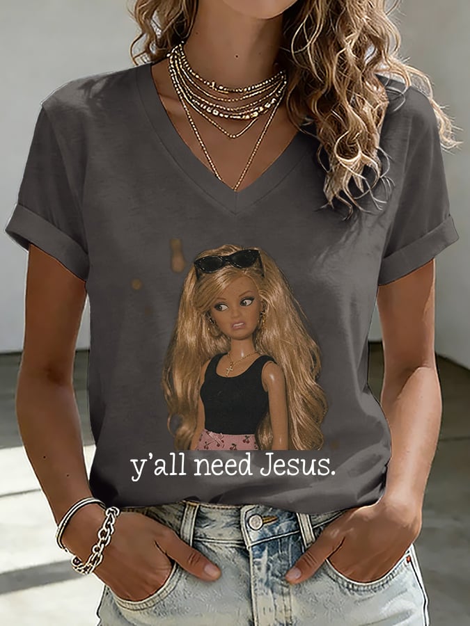 V-Neck Retro Y'all Need Jesus Print T-Shirt