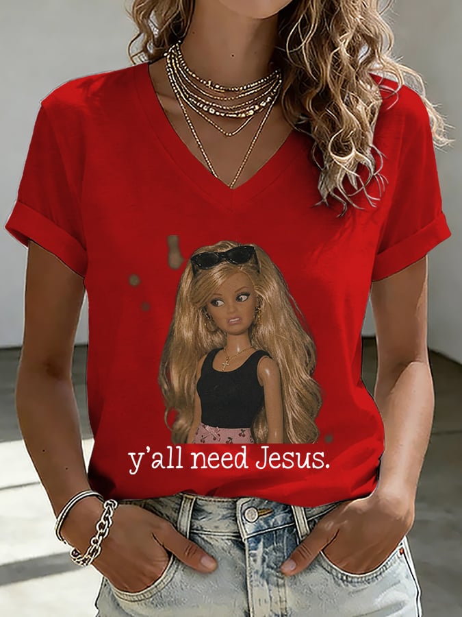 V-Neck Retro Y'all Need Jesus Print T-Shirt