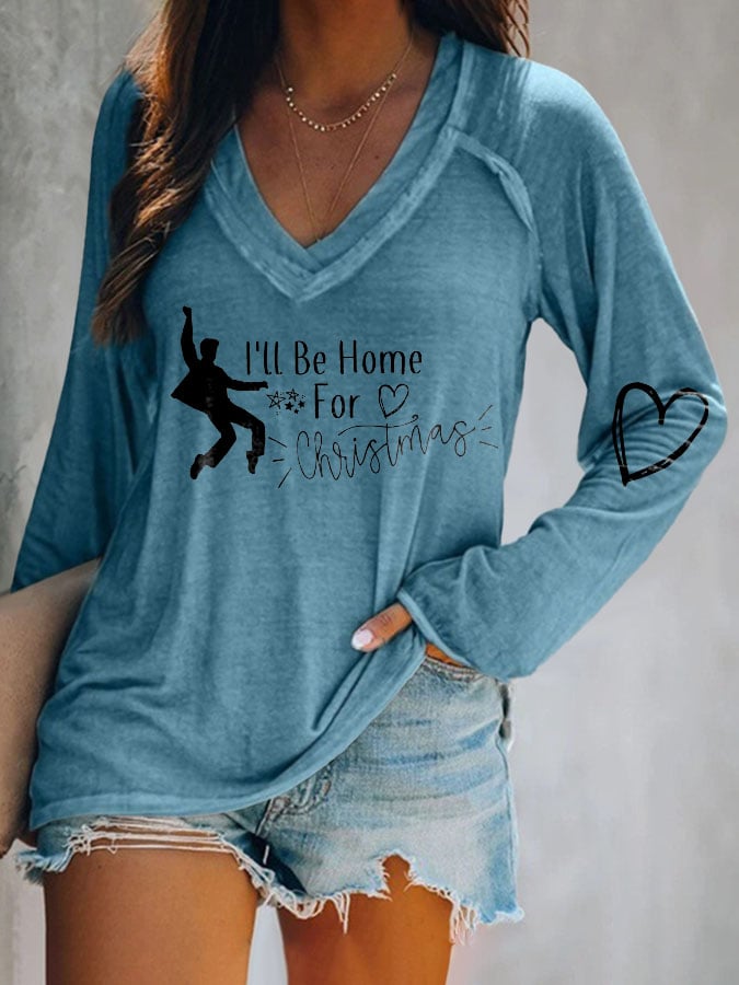 King Of Rock Roll I'll  Be Home For Christmas V-neck Print T-Shirt