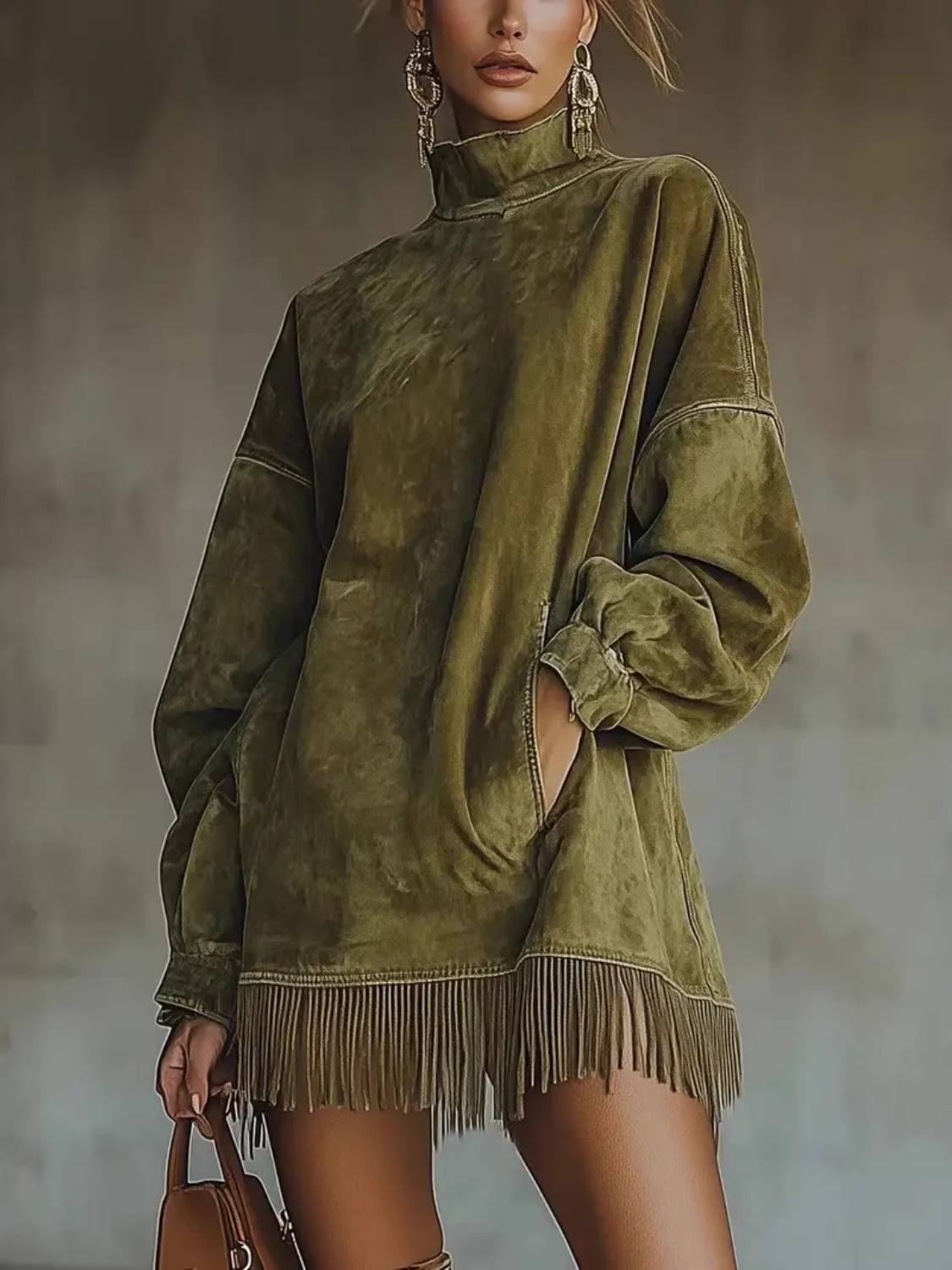 Women's High Neck Oversized Fringe Sweatshirt Dress with Side Pockets