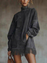 Women's High Neck Oversized Fringe Sweatshirt Dress with Side Pockets