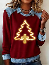 Women's Casual Faith Print Denim Patchwork Sweatshirt