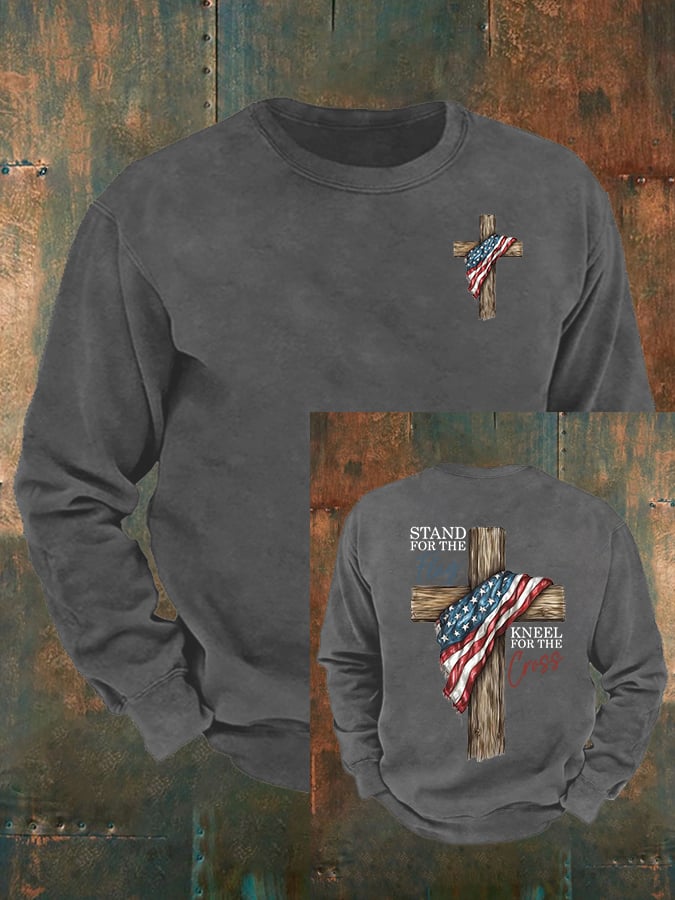 Men's Stand For The Flag Kneel For The Cross Printed Casual  Sweatshirt