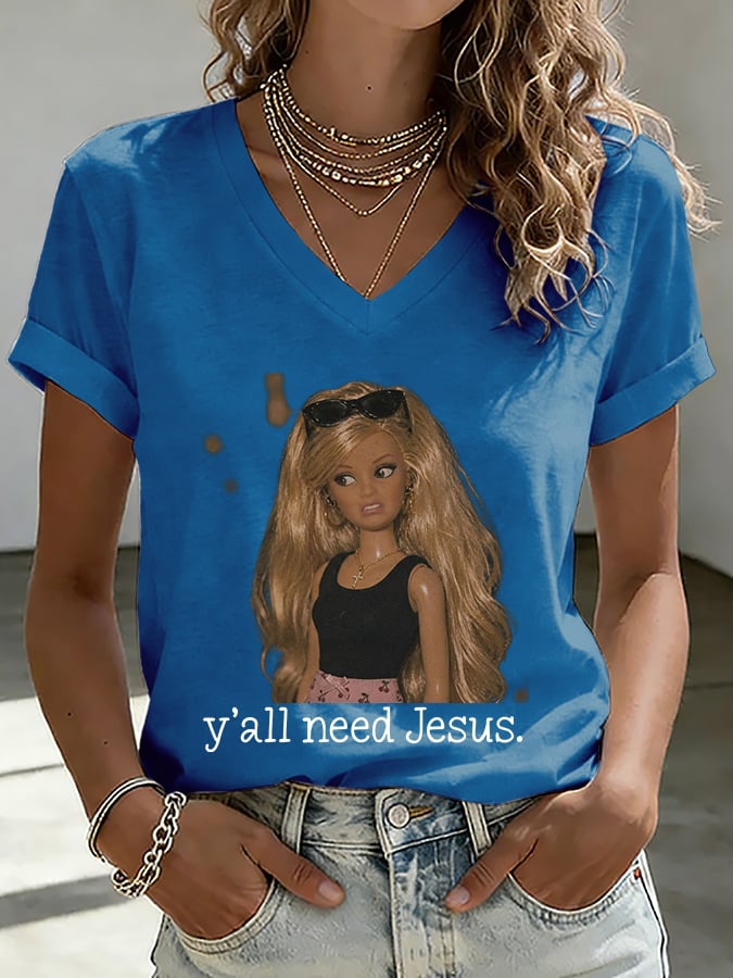 V-Neck Retro Y'all Need Jesus Print T-Shirt