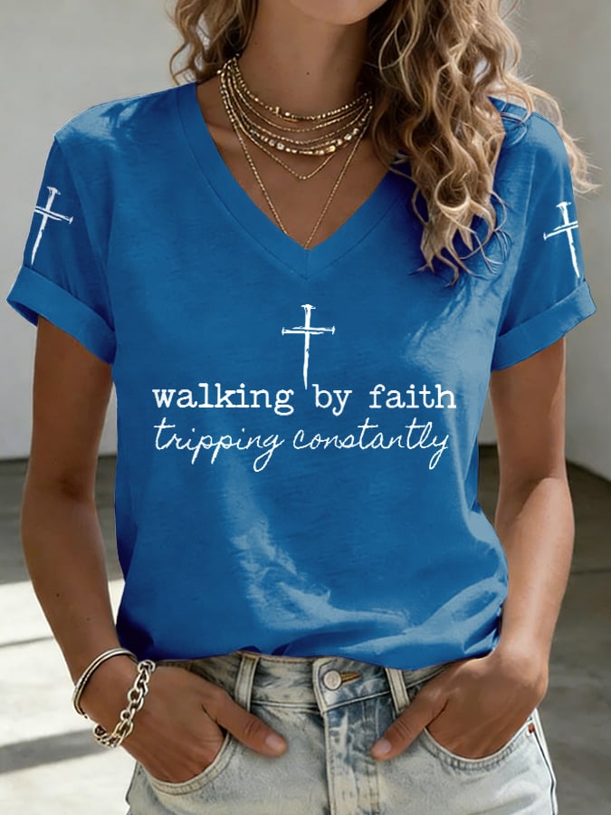 Women's Walk By Faith Not By Sight Print Casual T-shirt