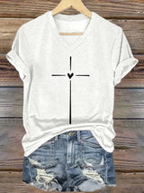 Women's Christian Faith Cross Printed V-Neck Short Sleeve T-Shirt