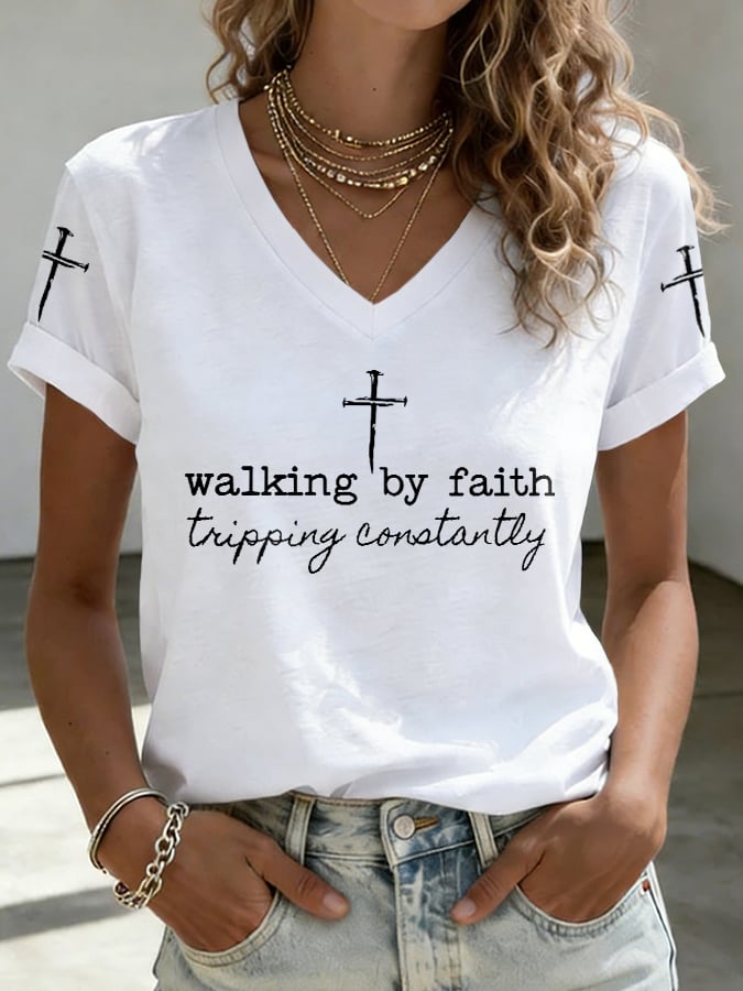 Women's Walk By Faith Not By Sight Print Casual T-shirt