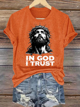 Women's  In God I Trust Christian T-Shirt, Retro Jesus Portrait Graphic Tee, Faith Based Religious Shirt