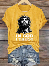 Women's  In God I Trust Christian T-Shirt, Retro Jesus Portrait Graphic Tee, Faith Based Religious Shirt