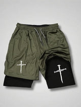 Men'S Classic Cross Print Double Layer Shorts (With Pockets)