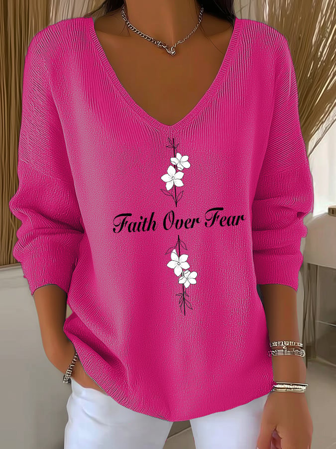 Women's Casual Faith Overcomes Fear Cross Knitted V-Neck Top