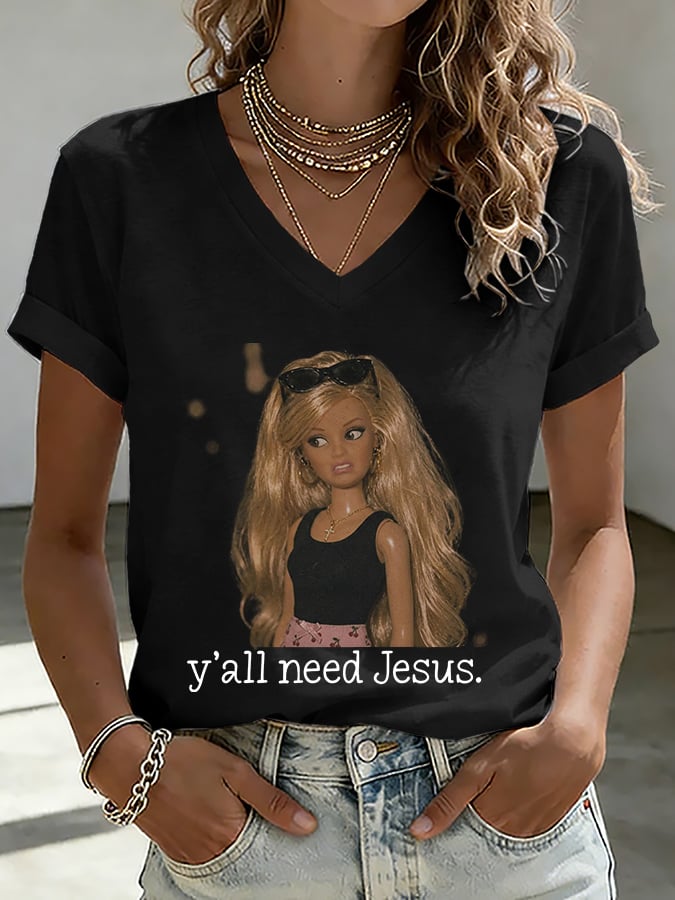V-Neck Retro Y'all Need Jesus Print T-Shirt