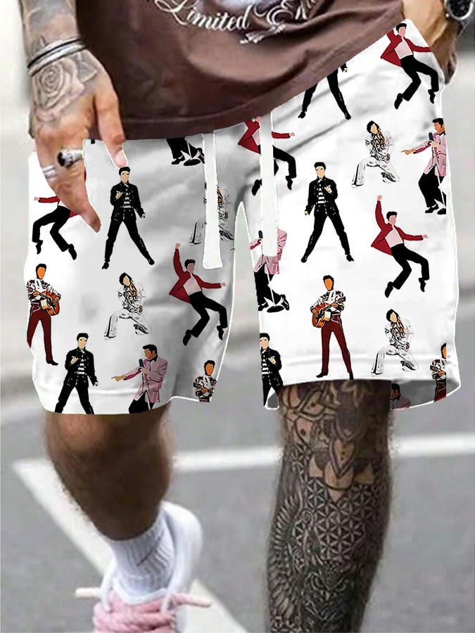 Men'S Retro King Of Rock Roll Print Shorts