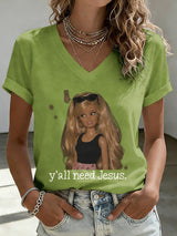 V-Neck Retro Y'all Need Jesus Print T-Shirt