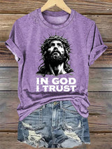 Women's  In God I Trust Christian T-Shirt, Retro Jesus Portrait Graphic Tee, Faith Based Religious Shirt