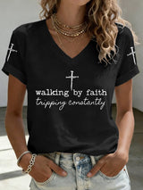 Women's Walk By Faith Not By Sight Print Casual T-shirt