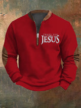 Men's Vintage Faith "Thank You Jesus" Printed Zip Collar Sweatshirt