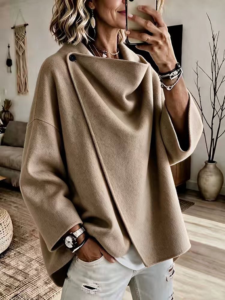 Women's Asymmetrical Button Wrap Collar Poncho